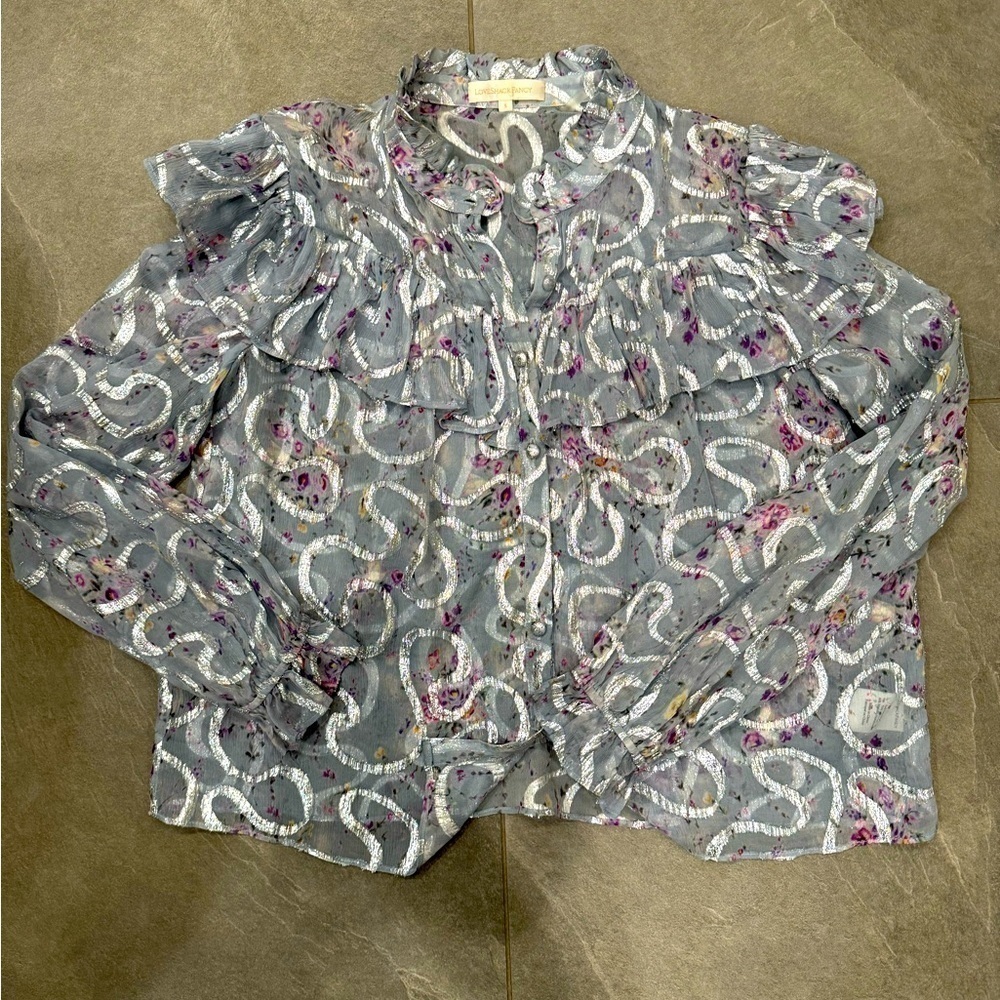 LOVESHACKFANCY Alyssa sheer silk & silver metallic ruffle feminine top small - Picture 3 of 9